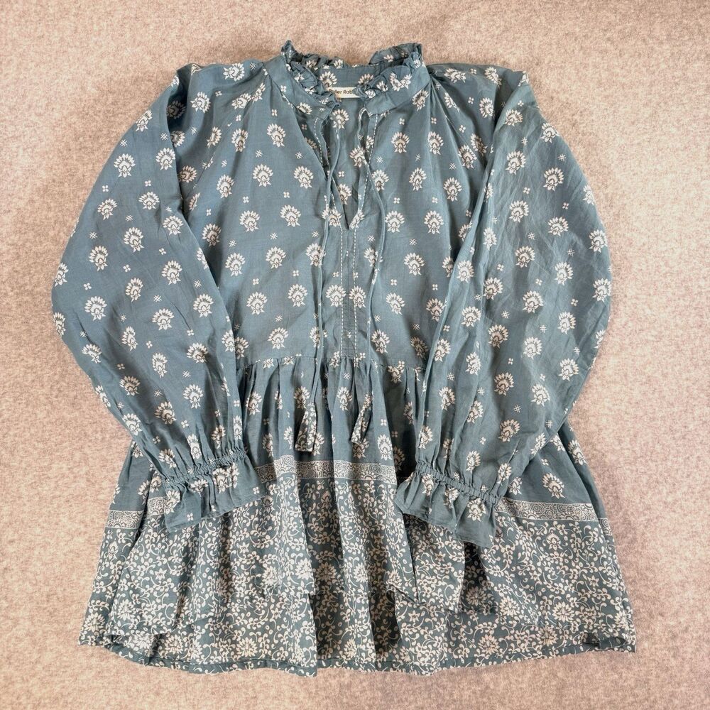 Roller Rabbit Tashi Border Jannella Top Blue Teal Boho Cotton M Peasant Ruffle
